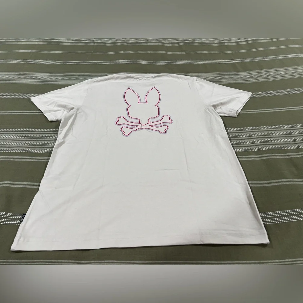 Psycho Bunny White Tee with Pink Bunny Skull Outline - Picture 1 of 4